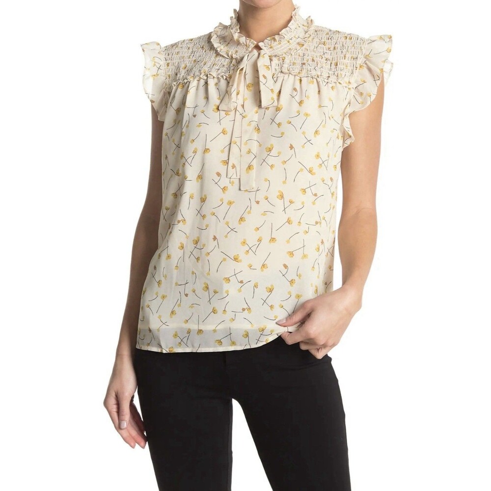 Pleione Smocked Yoke Floral Tie Neck Blouse